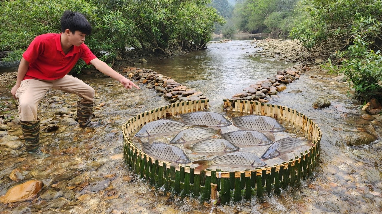 The boy, Lam, used a traditional bamboo fish trap set overnight to ...