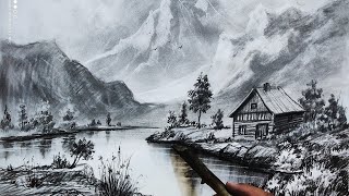 Very beautiful landscape drawing☘️How to draw a beautiful landscape with charcoal