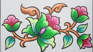 Menggambar Ragam Hias Flora # 3 || Cara menggambar Ragam Hias Bunga || oil Pastel
