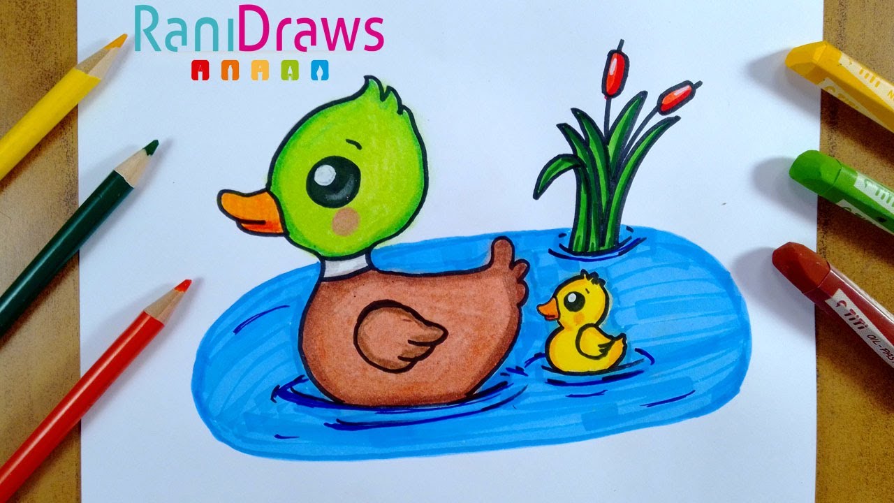 Cómo dibujar MAMÁ PATA Y PATITO - Paso a paso