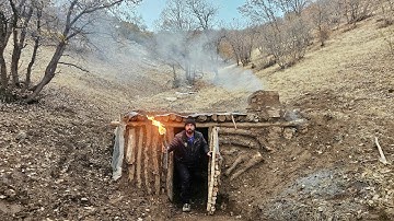 Surviving in winter rainstorm. I stayed underground in survival shelter with Fireplace