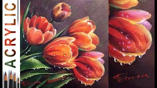 Tulips and Waterdrops. How to paint fowers ACRYLIC tutorial DEMO