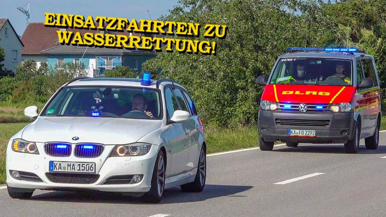 Einsatzfahrten zu Person im Wasser - (DLRG & DRK) - Blaulicht + Horn zur Wasserrettung in Baggersee