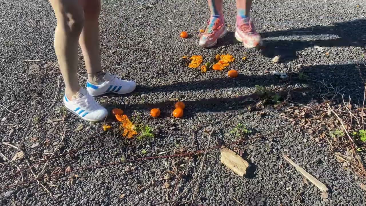Hot girls tramping food crushing stomping sneakers
