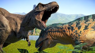 GIGANOTOSAURUS vs TREX vs IREX vs SPINOSAURUS DINOSAURS BATTLE ROYALE IN JURASSIC WORLD EVOLUTION