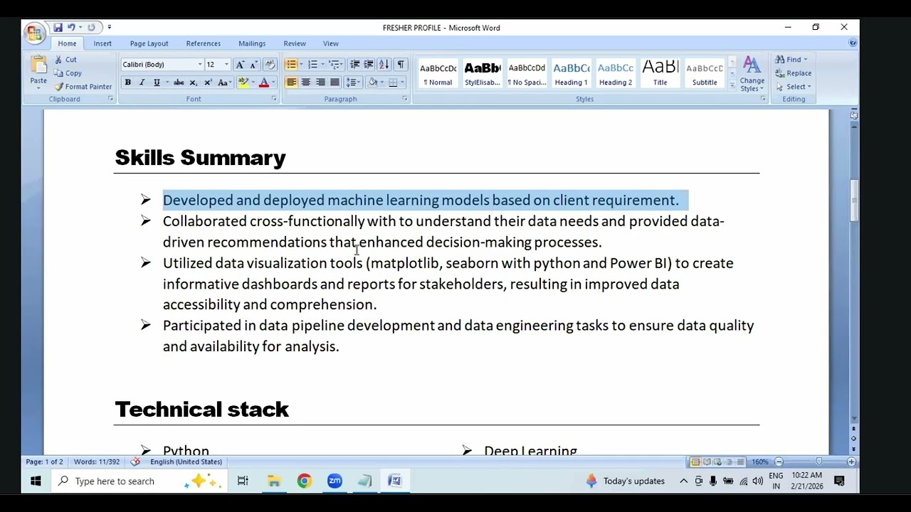 Resume preparation for Data Scientist