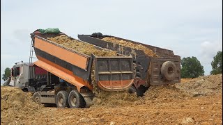 Hyundai Dump Truck With New Bulldozer Spreading Dirt ឡានចាក់ដី & អាប៊ុលរុញដីថ្មី