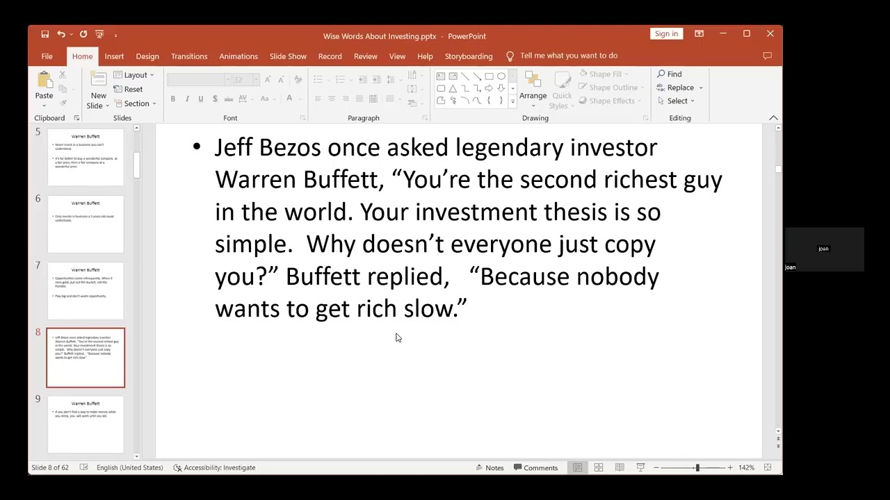 巴菲特投資金句The wise words about 簡報：Joan Zhong2022年11月22日 投資理財教育學院investing