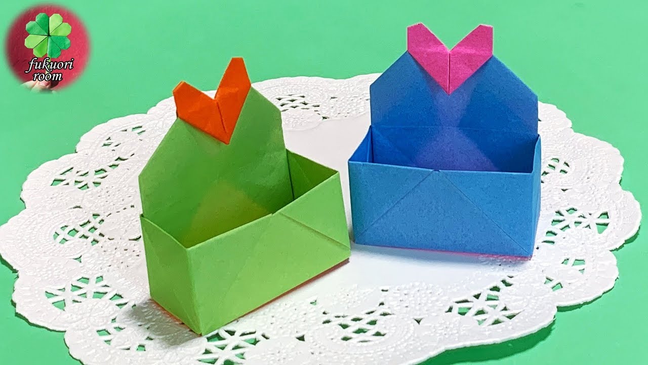 折り紙1枚 ハートの飾りが付いた箱 可愛い小物入れの折り方 Origami