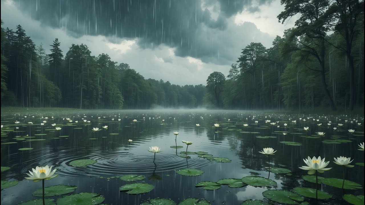Heavy Rain Sounds For Sleeping | Serenity in the Rain – Lotus Lake in a Misty Forest
