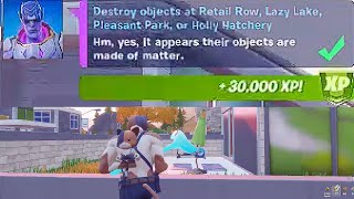 Destroy Objects at Retail Row, Lazy Lake, Pleasant Park, or Holly Hatchery - Fortnite