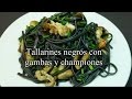 ✔️ Tallarines negros con Gambas y Champiñones - Receta casera fácil