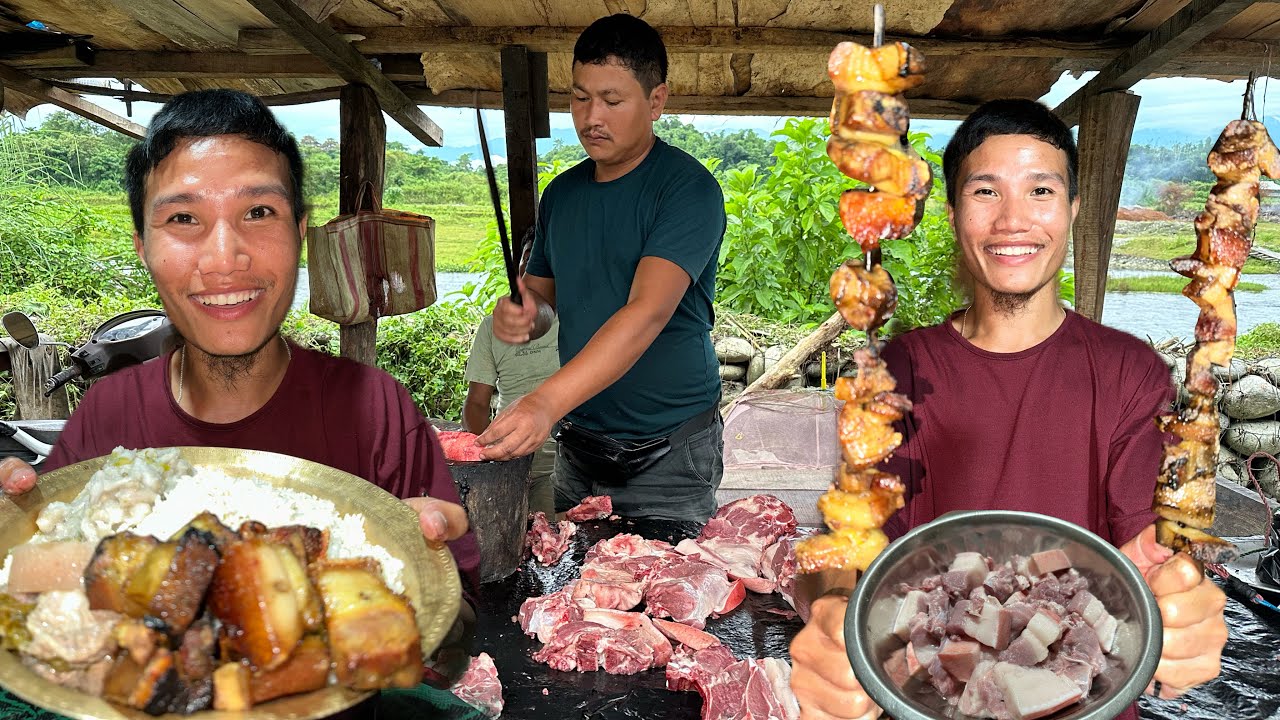 Dinner With Roasted Pork After Long Time || Pork Boil With Fermented Mustard Leaves || Village Life