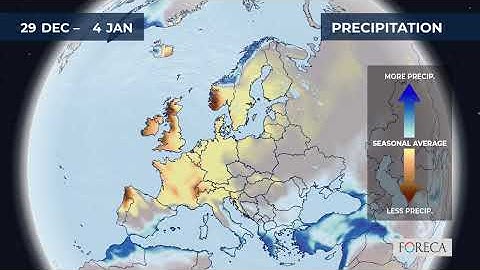 Monthly precipitation forecast for Europe 21/12/2025