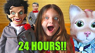 24 Hours WITH SLAPPY & DANNY in a HAUNTED HOTEL ROOM! SLAPPYS CAT CHESTER IS BACK?!