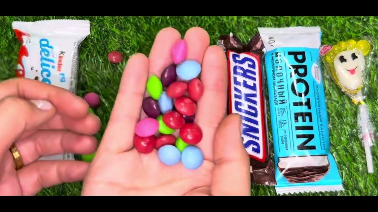 ASMR candy unboxing kinder chocolate skittles mars snickers and protein jj
