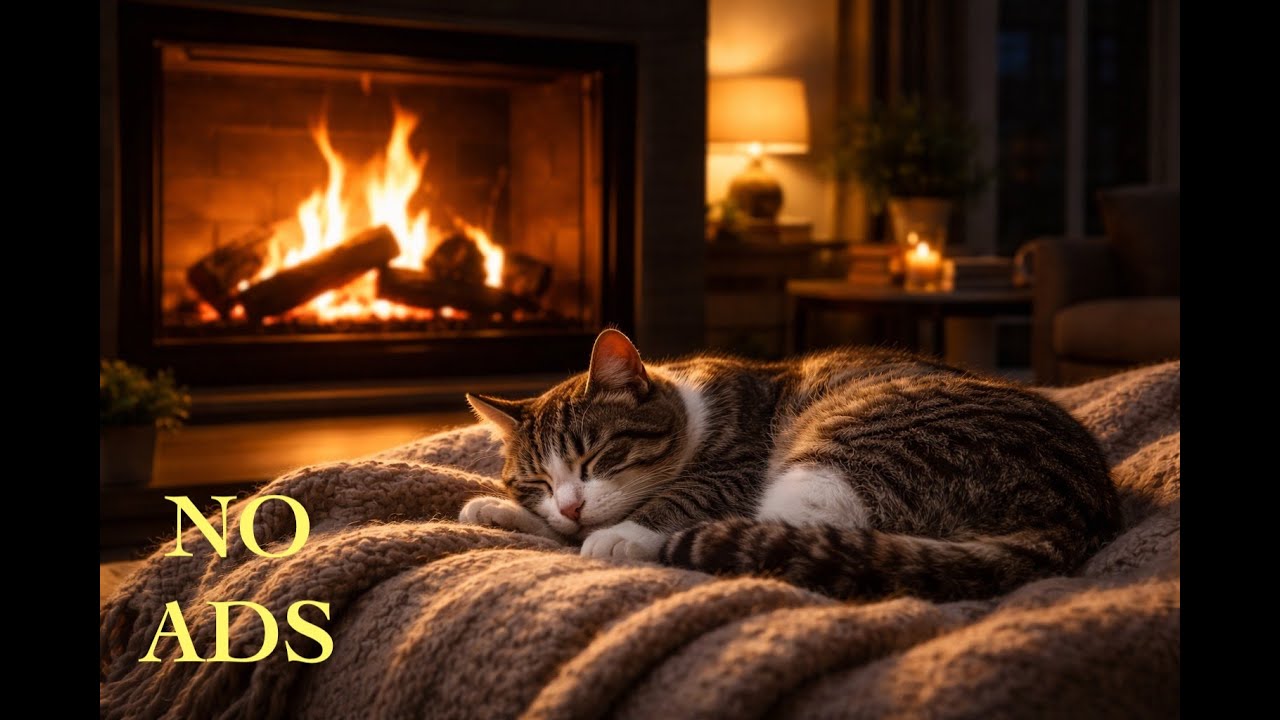 2026 Cozy Fireplace and Purring Cat with Meditation Music - For Relaxation and Sleep - NO ADS
