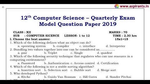 12th Computer Science Quarterly Exam 2019-20 Model Question Paper-2 | English Medium