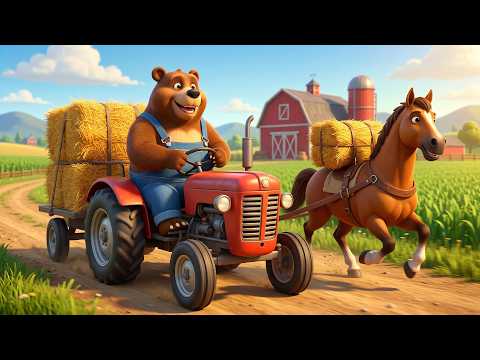 Farm Work: Bear Drives a Tractor While Horse Pulls Hay – What a Team! 🐻🚜🐴