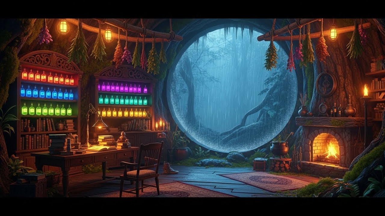 Rainy Herbalist's Hut Ambience | 深緑の薬草師の小屋 - 雨音と調合の音
