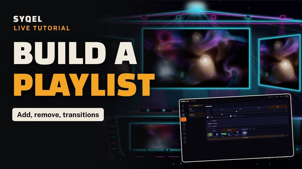 Build a visual playlist with cut, fade, zoom or glitch transitions
