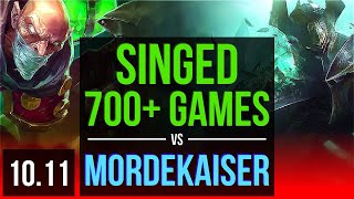 SINGED vs MORDEKAISER (TOP) | 4 early solo kills, 700+ games, KDA 7/1/4 | KR Master | v10.11