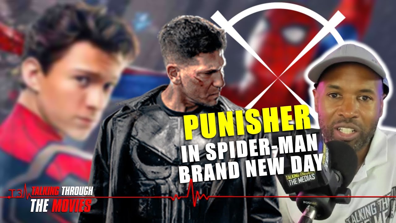 A dynamic image featuring Spider-Man in his classic suit, swinging past the Punisher with his skull emblem, while Smart Hulk stands in the background. The background has a blurred, urban feel suggesting New York City.