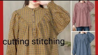 Korean style girls top cutting and stitching long sleeve check high low shirt|| loose casual  top