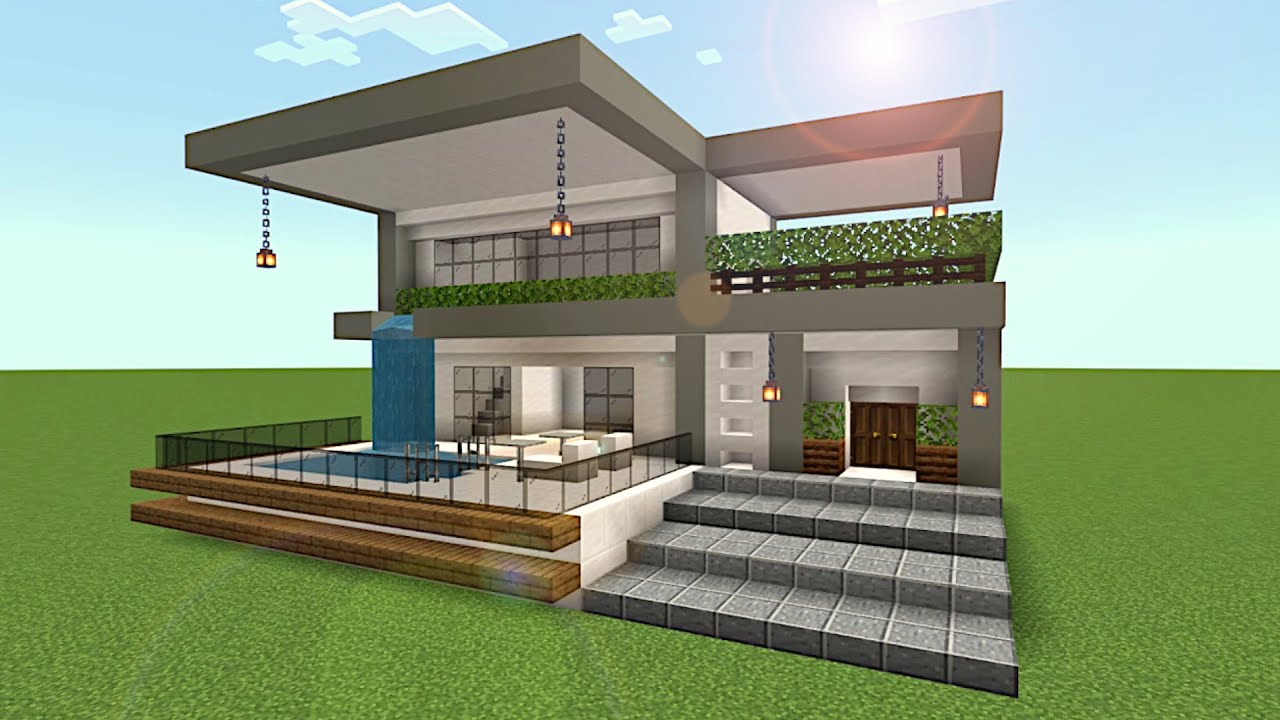 マイクラ建築 プールに滝 おしゃれなモダンハウスの作り方 Minecraft Build Youtube