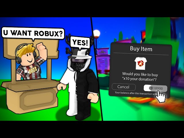Roblox character donating robux to someone