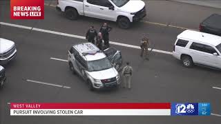 Police in pursuit with an allegedly stolen car along I-10