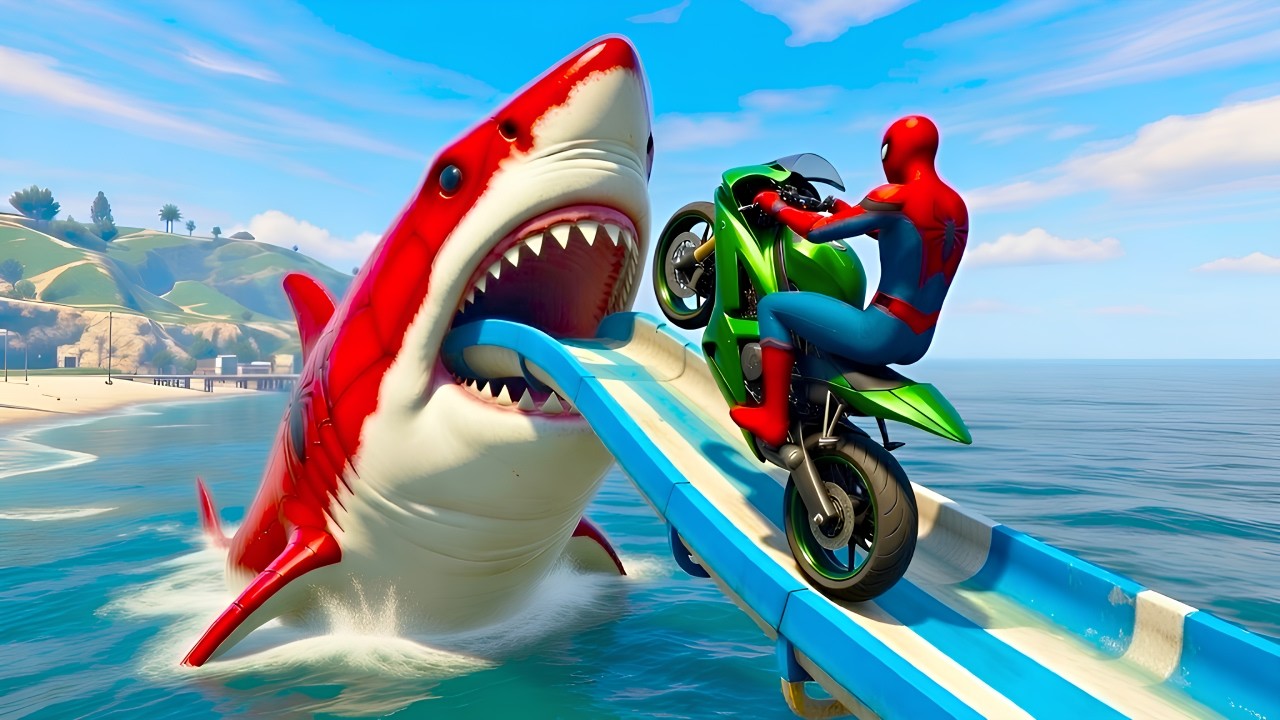 سبايدر مان اصعب دراجة نارية فوق اسماك القرش - Superheroes Ride on Motorcycle Stunt Funny Moments??