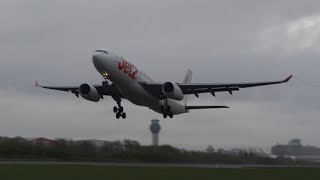 Jet2 A330 G-VYGL lifting off from a very wet 23L with lots of spray heading to Tenerife