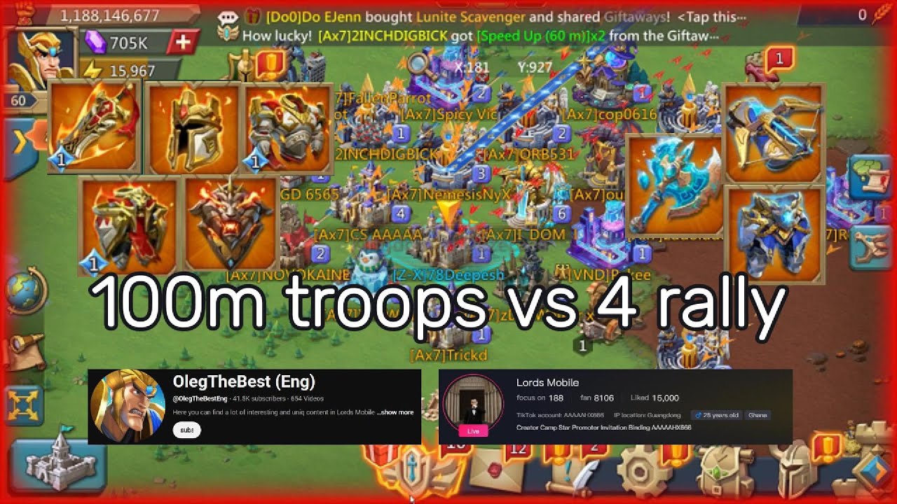 100m troops rally trap vs Ax7 DOM,Emp Mason,Famous Douyiner- Lords Mobile 