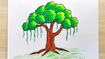 How to draw banyan tree | Banyan tree drawing step by step | Banyan tree drawing with colour