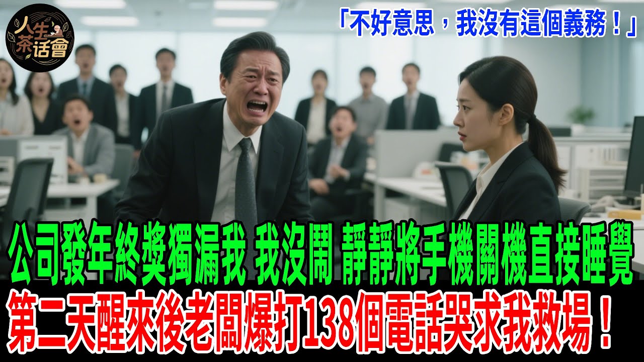 「不好意思，我沒有這個義務！」公司發年終獎獨漏我，我沒鬧，靜靜將手機關機直接睡覺，第二天醒來後老闆爆打138個電話哭求我救場！【人生茶話會】#情感故事 #老年生活 #感人壹幕 #故事分享 #故事