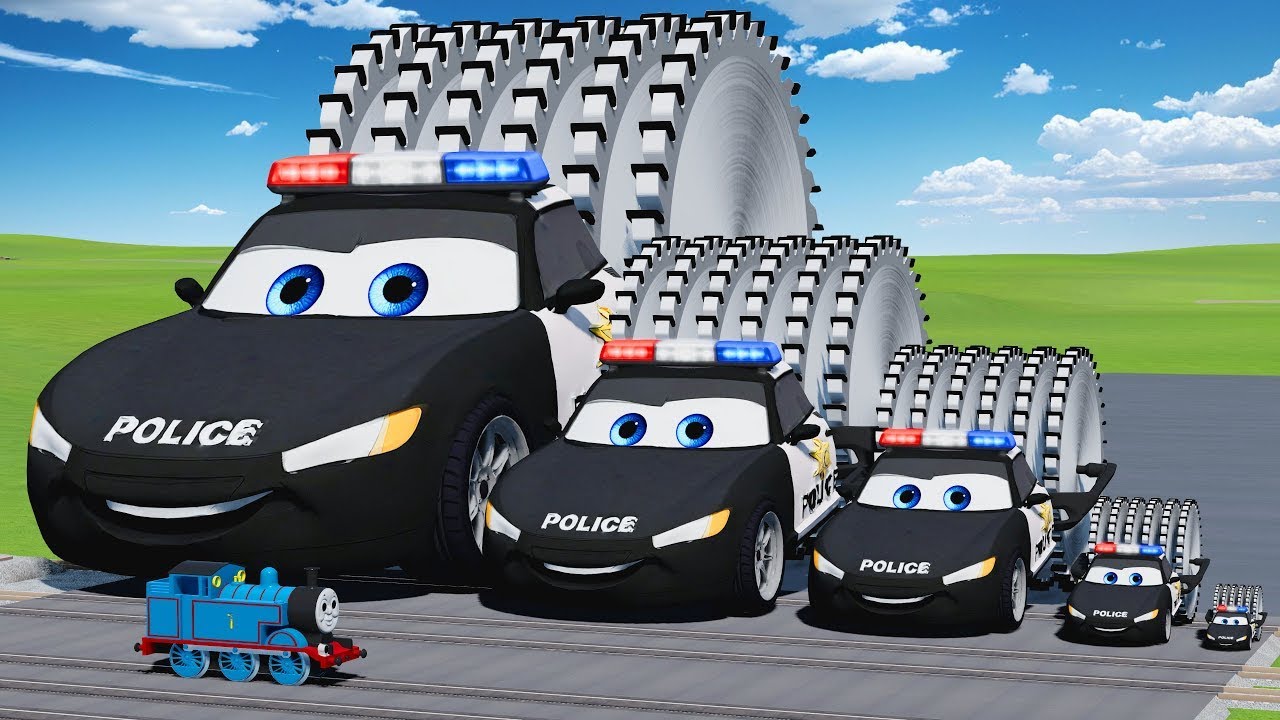 Big & Small McQueen Police One Saw Monster Wheels Vs Train | BeamNG.Drive