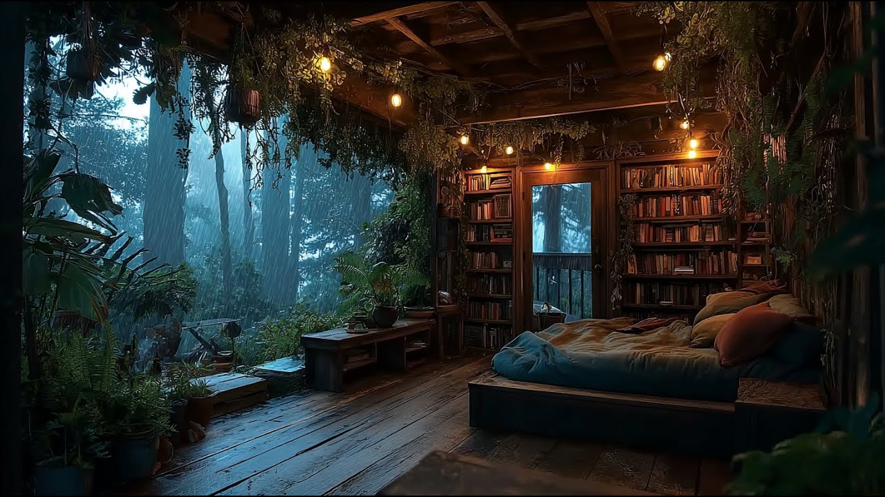 Soft Rain in a Forest Bedroom Library 🌲 | Peaceful Night Sounds for Sleep (NO ADS)