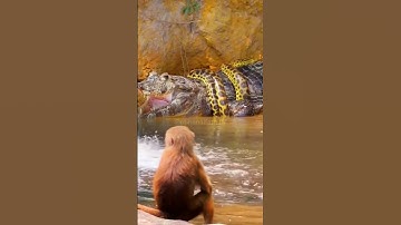 OH MY GOD!!! Seekor Monyet Hanya Diam Melihat Buaya di Lilit Ular Piton #amazing #animals