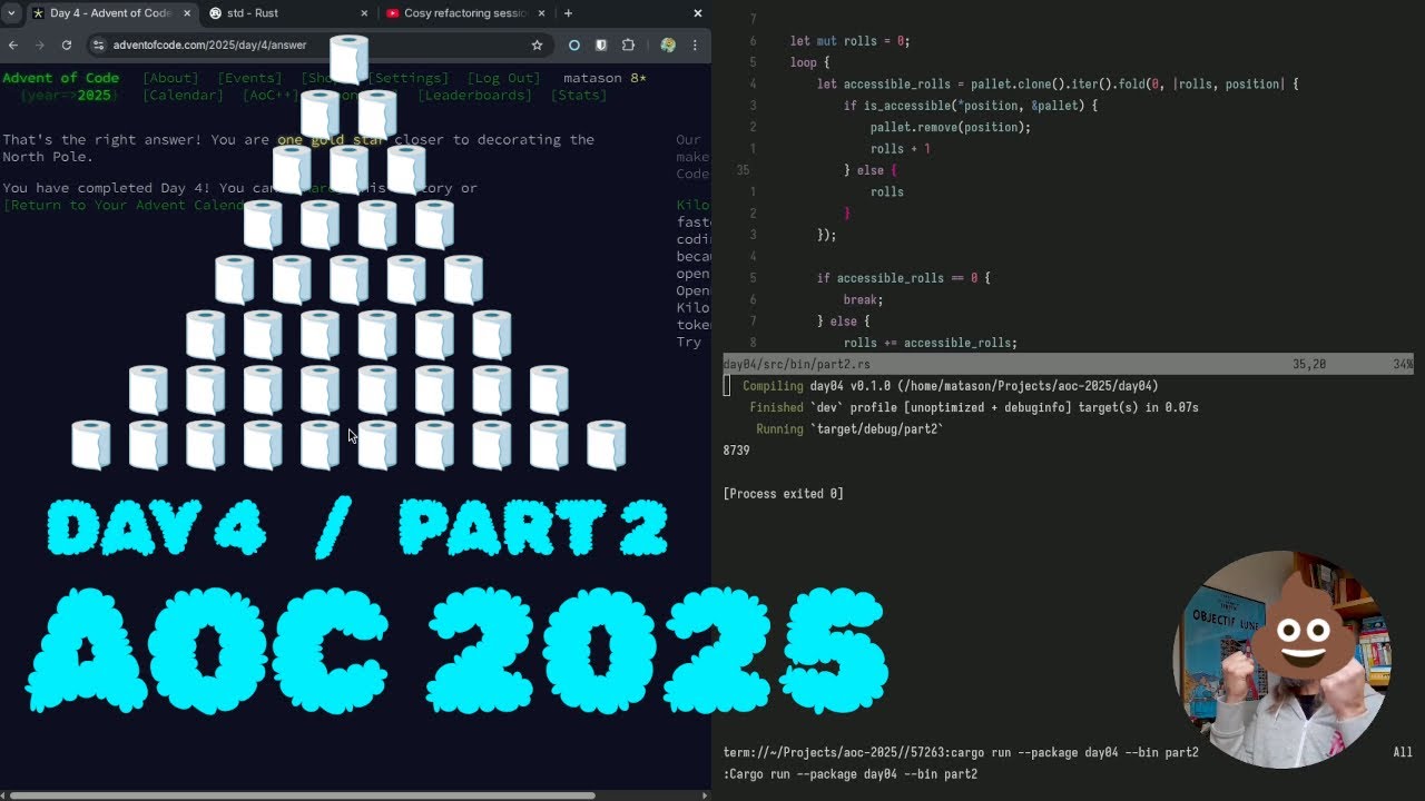 DAY 04/02 | Advent of Code 2025 | Rust | A lil' loop - YouTube