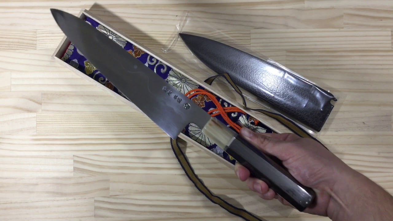 1563(酔心 富士本焼牛刀 240ミリ 鞘、箱 付き) - YouTube