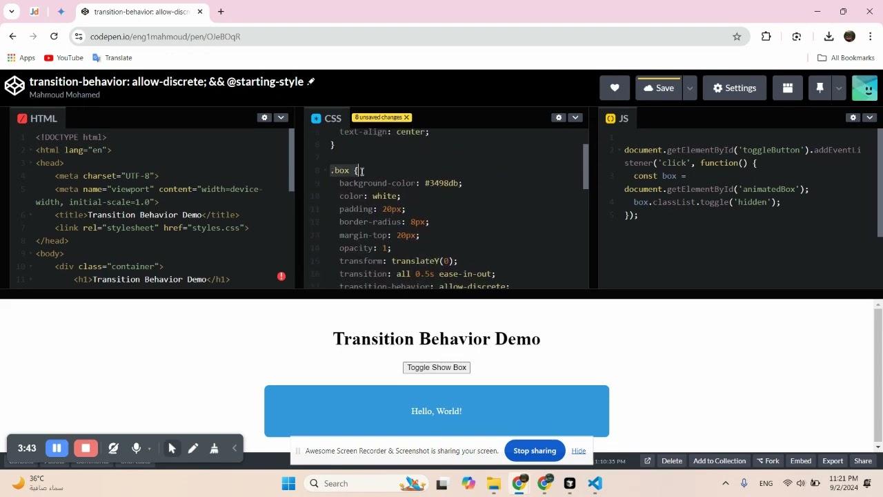 transition-behavior :allow discrete; && @starting style