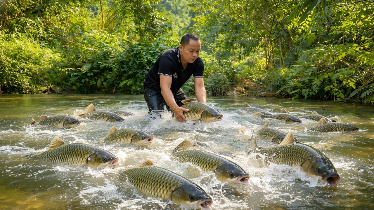 Wild Fish Capture Draining a pond to catch fish and harvesting wild cassava for animal ...