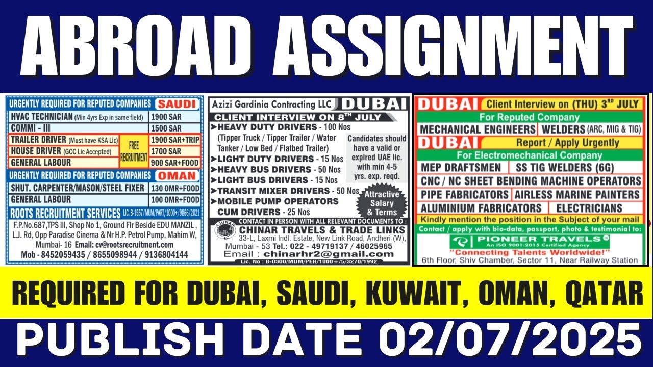 Assignments Abroad Time Today ( 02-07-2025 ) | Jobs in Dubai, Saudi, Kuwait, Qatar, Oman