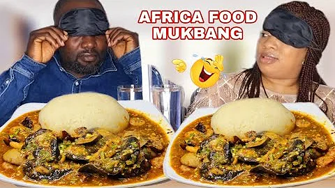 BLINDFOLD SPEED EATING CHALLENGE|SEAFOOD OKRA SOUP AND FUFU|AFRICAN FOOD MUKBANG