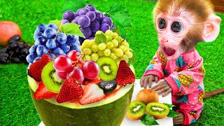 Adorable Chef monkey Bi Bon harvests watermelon to make juice for Cheese | Happy Animals Home BiBi