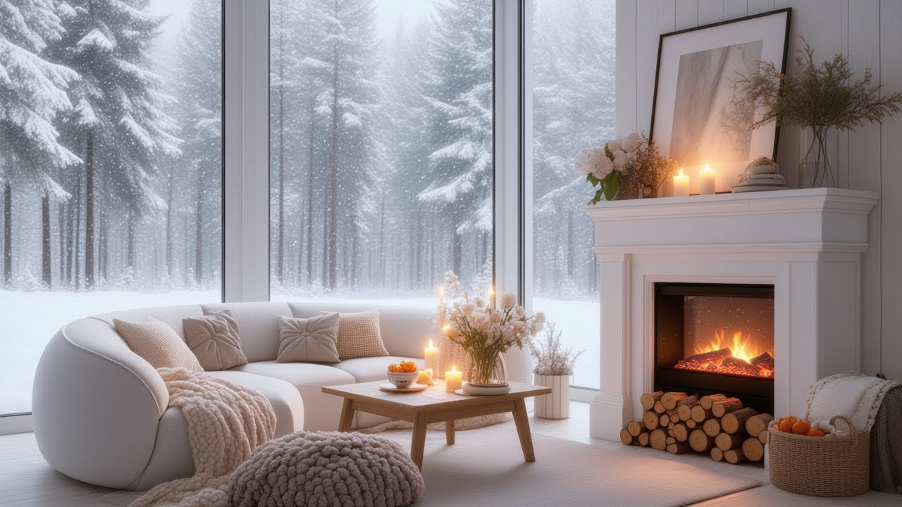 Cozy Winter Jazz Café ❄️🔥 Warm Fireplace Coffee Shop Ambience for Study & Relax