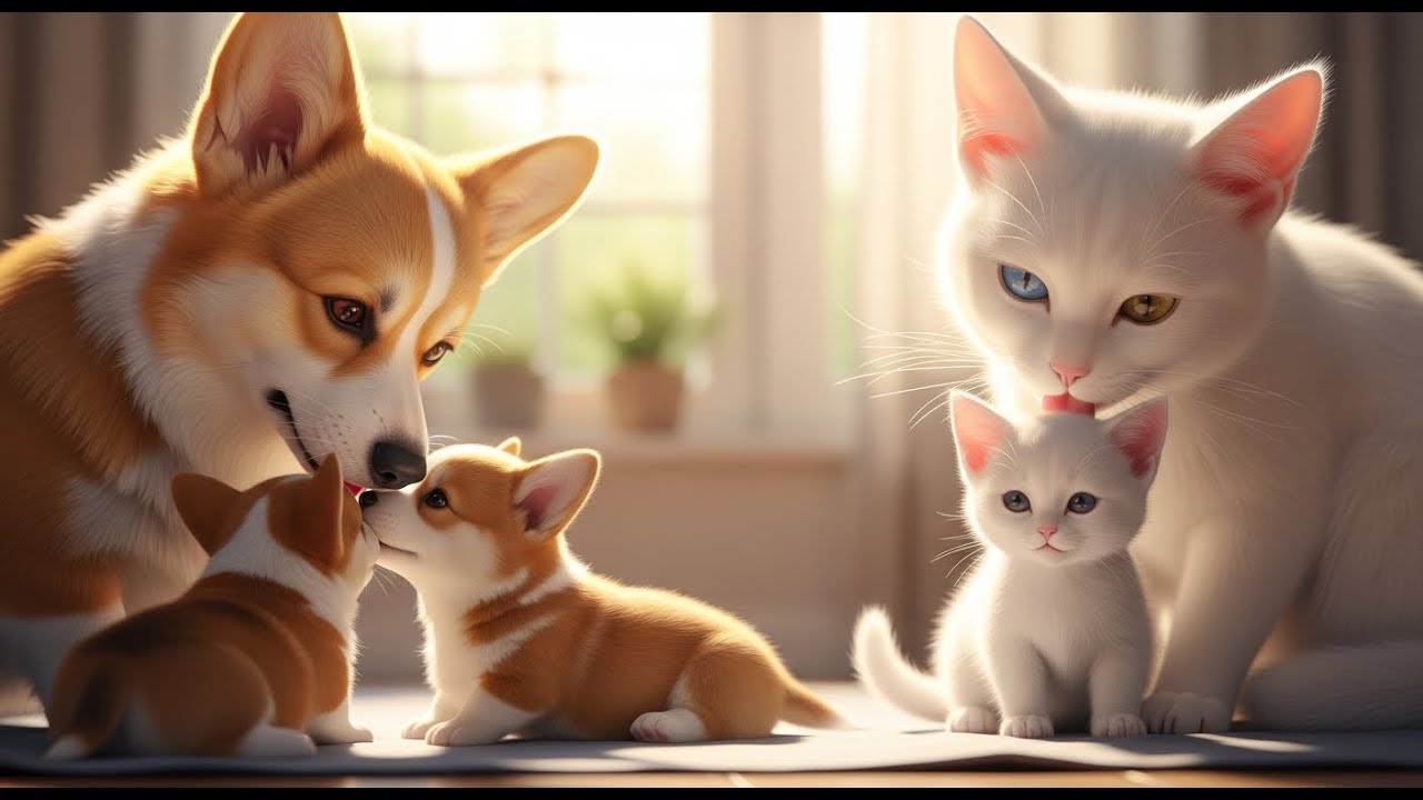 Pure Joy Unleashed A cheerful morning of the Corgi mom and her puppies, and the Khao Manee cat mom a