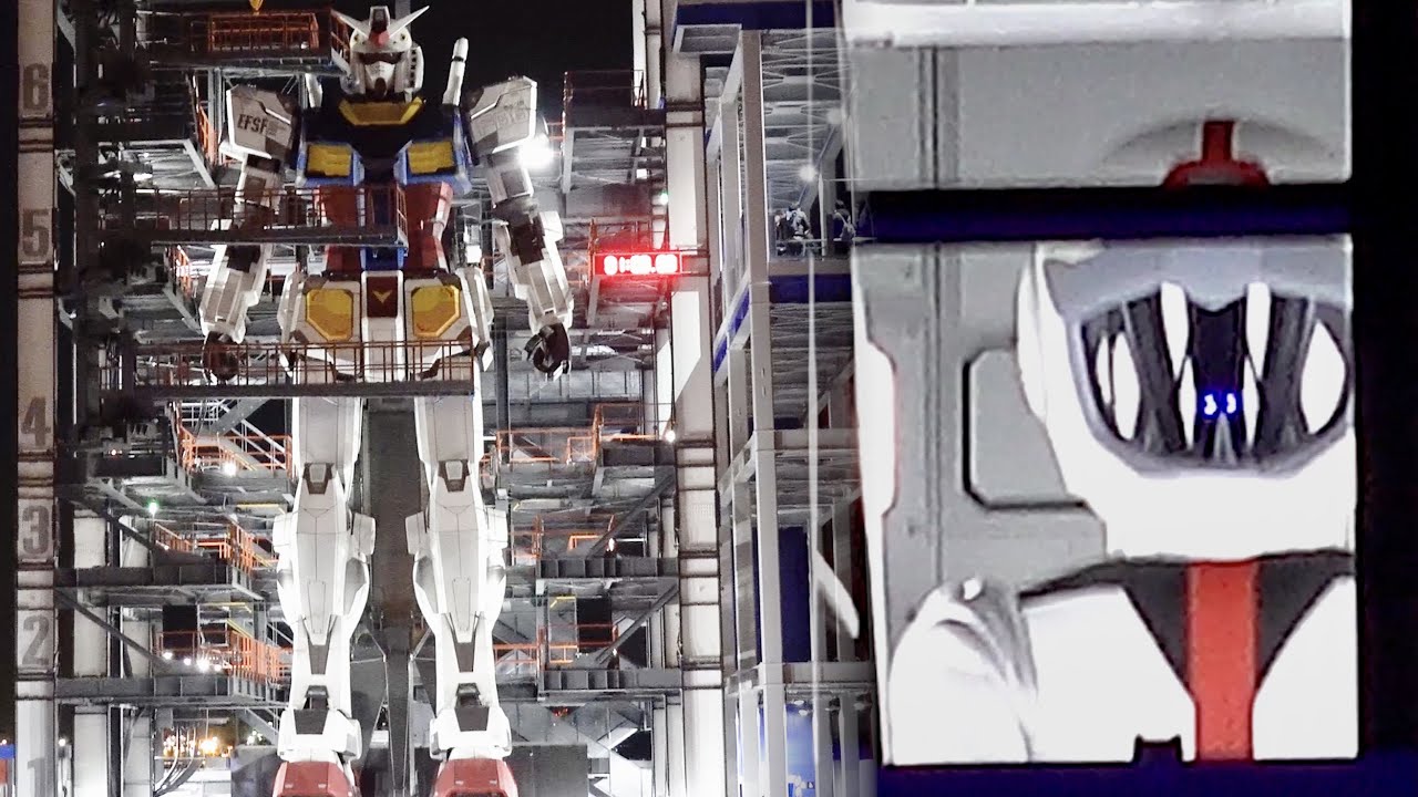 動くガンダム 夜起動 コクピット内のパイロットをzoomup 実物大横浜gundam立像の前進を正面2fエリアから Gundam Factory Yokohama Youtube