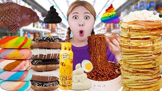 Mukbang convenience store food Real & Fake food challenge 100 LAYERS FOOD by HIU 하이유